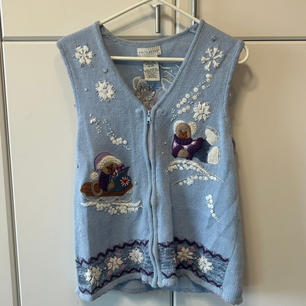 White Stag Vintage Blue Christmas Teddy Bear Snowflake Zip Sweater Vest Medium